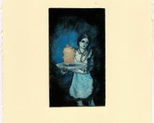 Stephanie Mercado, "Untitled", 2015, drypoint with gouache and gold leaf, ed. 1/1, 12 x 9"