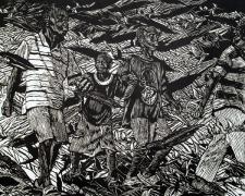 Wandering Boys, 2013, woodcut frame, f.s. 42 x 48 1/2" / i.s. 36 x 42"