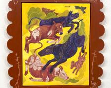 "West Texas’ Tale of The Murder Brand", 2025, gouache on panel in handmade frame, panel size: 20 x 16" / f.s. 30 x 23 x 2"