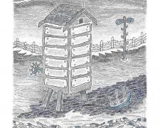 "Wheel House", 2024, ink and color pencil on Stonehenge paper, 7 x 6"