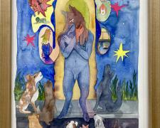 "With The Tongue Of A Dog, Howl Woes Of Fate To Strays", 2022, watercolor and gouache on cotton paper, p.s. 16 x 11" (Origin Series)