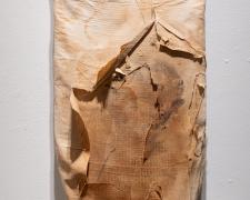 "Worn Out", 2023, transfer print on vintage wood ironing board, 54 x 13 x 1 1/2" (Detail View 3)