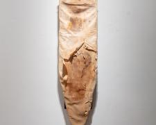 "Worn Out", 2023, transfer print on vintage wood ironing board, 54 x 13 x 1 1/2"