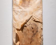 "Worn Out", 2023, transfer print on vintage wood ironing board, 54 x 13 x 1 1/2" (Detail View 2)