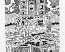 "Wreckage", 2018, ink on Stonehenge paper, 7 x 6"