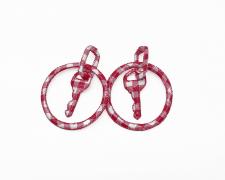 Dongyi Wu, "Keyring44", 2025, earrings: oil cloth, cotton, sterling silver, sewing thread, 4.0 x 3.0 x 0.6” (each)