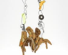 Dongyi Wu, "Public Bath", 2025, necklace: used bra strap, used plastic bottle, used pill bottle, used plastic cord, beads, low carbon steel, sewing thread, found objects, 27.5 x 9.1 x 2.2"