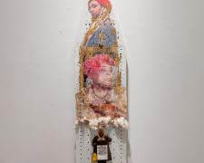 "Yes I Am My Ancestors", 2023, mixed media: transfer print, gilding, found objects, embossing, 52 x 14 x 1 1/2"