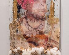 "Yes I Am My Ancestors", 2023, mixed media: transfer print, gilding, found objects, embossing, 52 x 14 x 1 1/2" (Detail View 2)