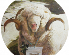 Isamael’s Ram With Aholibah Underwing, 2016, acrylic on paper, 22” tondo/diameter