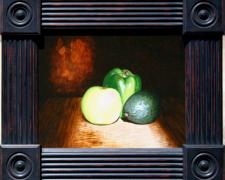 Three Green Amigos (Green-Gos), 2013, acrylic on stretched canvas, f.s. 17 1/2 x 20 1/2" / i.s. 12 x 16"