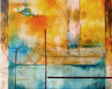 Varanasi, 2012, encaustic, paper, and oil on panel, 19 x 19"