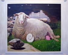 Fauna (Bona Dea) with Seraphim Before an Omphalus, 2012, acrylic on panel, f.s. 44 1/2 x 48" / i.s. 33 x 37"