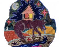 Meet Me in the Monte, Where the Creek is Fed, 2022, rug hooked and gun tufted yarn, thread, plastic pearls, ribbons on monks cloth and felt, 41 x 39 1/2"