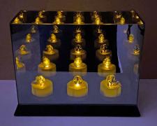 Angel Castelán, "17th Iteration of Trees", 2021, cicada shells, LED candles, mirror box, 3 x 8 x 6"