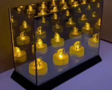Angel Castelán, "17th Iteration of Trees", 2021, cicada shells, LED candles, mirror box, 3 x 8 x 6"