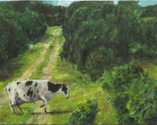 A Cow Dancing Across a Path, 2016, acrylic on panel, 4 1/2 x 9”