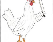 Chicken with Machete, 2009, gouache on paper, 9 x 5 3/4"