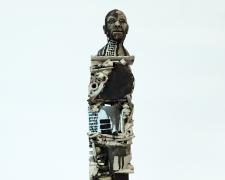 deity, 2019, fired clay, black, white, and brown wash, 27 1/4 x 5 x 3 3/4"
