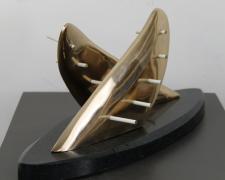 Ben Woitena, "Double Down", 2013, cast silicon bronze, travertine base, painted brass rods, 9 x 21 x 7 1/2"