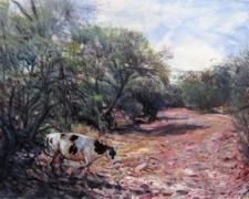 A spotted cow descending into a drywash, 2009, acrylic on paper, i.s. 6 1/8 x 8 5/8"