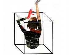 Kathryn Dunlevie, "Out of the Box (study) - Femmes Futuristes Series", 2021, mixed media on panel, 14 x 14"