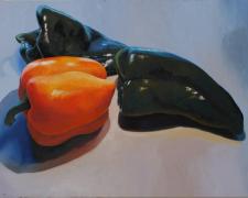 Two Poblano Peppers and Yellow Pepper, 2011, oil on board, 36 x 48"