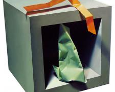 Cube with Paper Object #1, 1997, oil on canvas, 15 3/4 x 15 3/4"