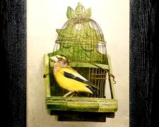 An Evening Grosbeak On A Partridge Cage, 2014, acrylic on panel, i.s. 16 1/2 x 11 / f.s. 15 3/4 x 21"