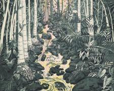 "Flash Flood", 2023, hard ground and aquatint etching with chine collé, i.s. 11 3/4 x 9" / p.s. 16 1/4 x 13" 
