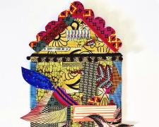 "Exuberant Home III", 2026, fabric, wallpaper, enamel, oil-based markers, paper, threads, beads, pom-pom trim ribbon, vintage gold lace, cardboard, foam board, 24 x 19"