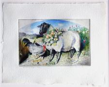Garlanded Sheep, 1998, etching with unique hand coloring, s.s. 10 x 12 3/4"/ i.s. 5 3/4 x 9"