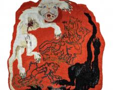 Ballad of La Curandera y La Bruja, 2021, rug hooked and gun tufted yarn on monks cloth, 65 x 53"