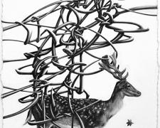 The one who chases a deer fails to see the mountain 鹿を追うものは山を見ず (When you keep your eyes on a small pleasure or prize, you are not able to see the big picture.)) 2015 graphite on paper 16” x 9”