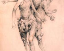 Figure with 3 legs & 3 Bodies 2013 graphite, acrylic on panel 12 x 9 x 2"