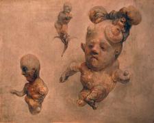 Three Figure Effigy Group, 2010, acrylic on panel, 8 x 10 x 1 5/8"