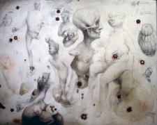 The Gods of War, 2008, red chalk, graphite, acrylic on panel, 24 1/8 x 29 7/8 x 3 1/6"