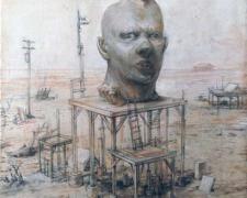 Monument to the Great Propagandist, 2010, chalk, graphite, acrylic on panel, 14 x 11 x 2 3/4"