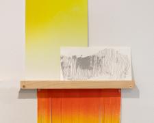 "Darty", 2026, inkjet printed and manipulated film photograph, screenprint on book cloth, cut hand-inked paper, custom wood shelf, 22 x 15 x 1 3/4"