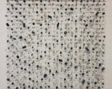 "Communication", 2025, wall hanging assemblage: computer keyboard keys, stainless steel, aluminum, 35 x 36 x 3"