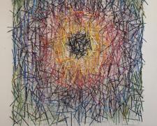 "Pencillation III, Target", 2025, wall hanging: stainless steel, colored pencils, aluminum, 64 x 60 x 3"