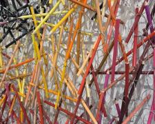 "Pencillation III, Target" (detail), 2025, wall hanging: stainless steel, colored pencils, aluminum, 64 x 60 x 3"