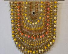 "Beaded and Jeweled Bib Necklace", 2025, necklace: gold-plated aluminum, brass, stainless steel, assorted beads, clip earring, 22 x 22 x 1 1/2"
