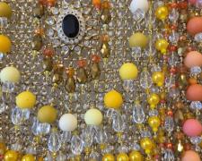 "Beaded and Jeweled Bib Necklace" (detailed), 2025, necklace: gold-plated aluminum, brass, stainless steel, assorted beads, clip earring, 22 x 22 x 1 1/2"