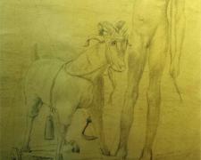 Ishmael Presenting a Pull-Toy to Isaac, 2008, graphite on paper, 11 1/2 x 8"