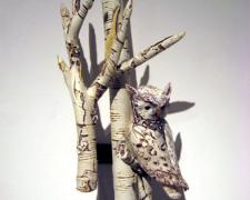 Light Faced Screech Owl in Birch 2007 Blown/off-hand sculpted glass 24 x 14 x 11"