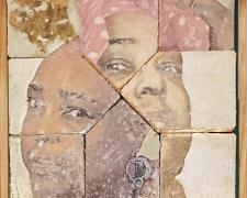 "See and Unseen", 2025, transfer print on poured concrete, intaglio on Sycamore leaf, 16 x 16 x 3"