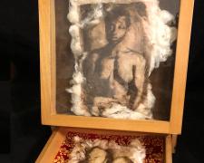 Treasured, 2019, intaglio on raw cotton, found objects, 9 1/4 x 7 x 12" (open)
