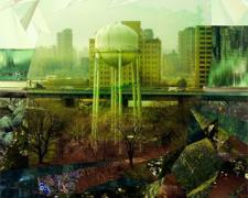 Beyond Manhattan, 2008, mixed media collage on panel, 50 x 30"