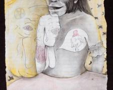The Conversation 2012 acrylic, charcoal on re-purposed paper frame: 15 x 13"/i.s. 10 1/2 x 7 3/4"